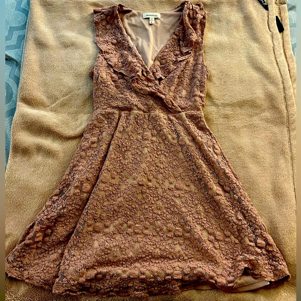 Tan/light pink/beige lace Monteau mini dress